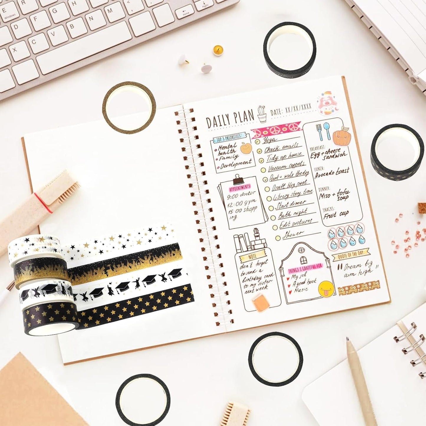 12 Rolls Graduation Washi Tape, Black Foil Gold Congrats Grad Masking Tapes, Congratulations Grad Cap Decorative Paper Stickers for Graduation Scrapbook Gift Wrapping DIY Art Crafts 16.4FT