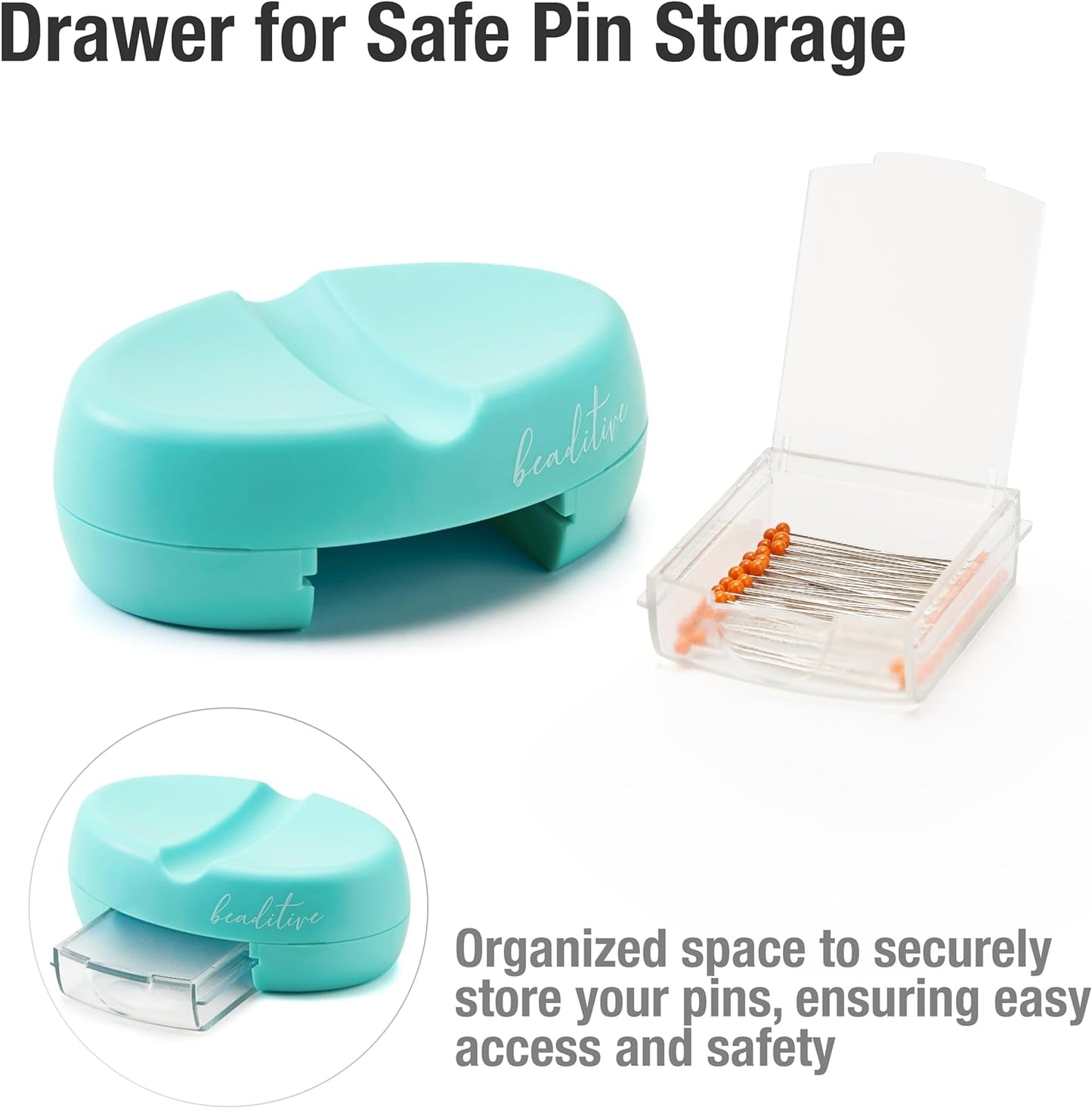 Beaditive Magnetic Pin Cushion with Drawer - Strong Magnet Pin Holder Cushion for Sewing - 50 Glass Head Quilting Pins Included - Chic Pincushion Caddy for Sewing Pins, Paper Clips, Screws – Turquoise