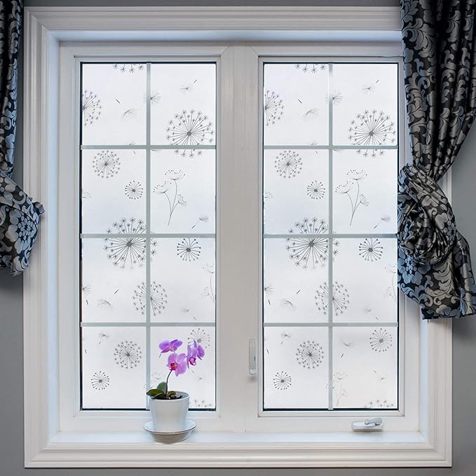 Filmgoo Window Privacy Film Non-Adhesive Sun Blocking Stained Glass Door Sticker Frosted Window Tinting Film for Home Office（Dandelion,35.4 Inch x 6.5 Feet）