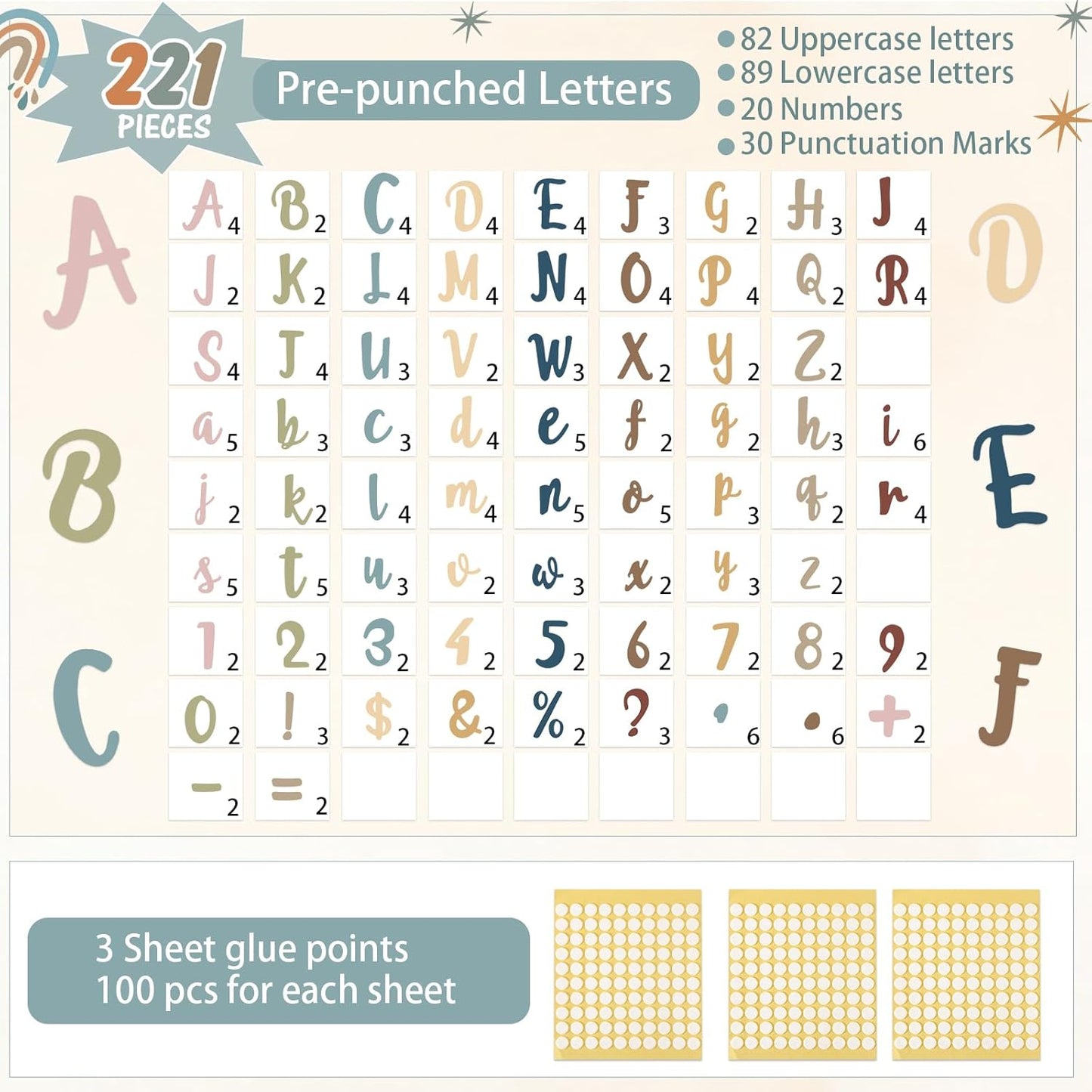 221 Pcs Bulletin Board Letters Round Alphabet Number Punctuation Symbol Combo Letter Cutouts Classroom Decoration for School Classroom Chalkboard Poster Board(Boho Italic)