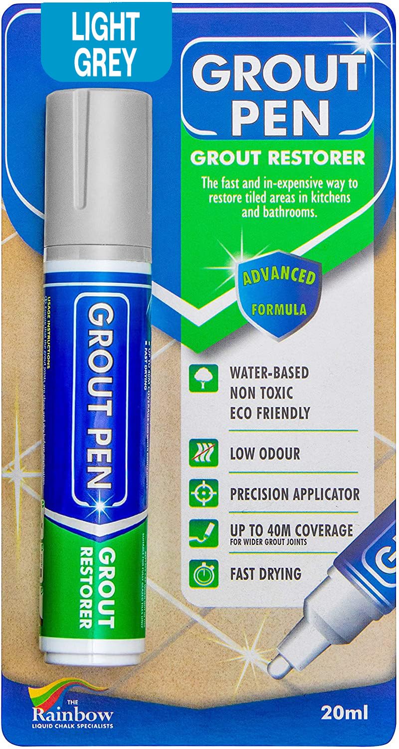 Grout Pen Light Grey Tile Paint Marker: Waterproof Grout Paint, Tile Grout Colorant and Sealer Pen - Light Grey, Wide 15mm Tip (20mL)