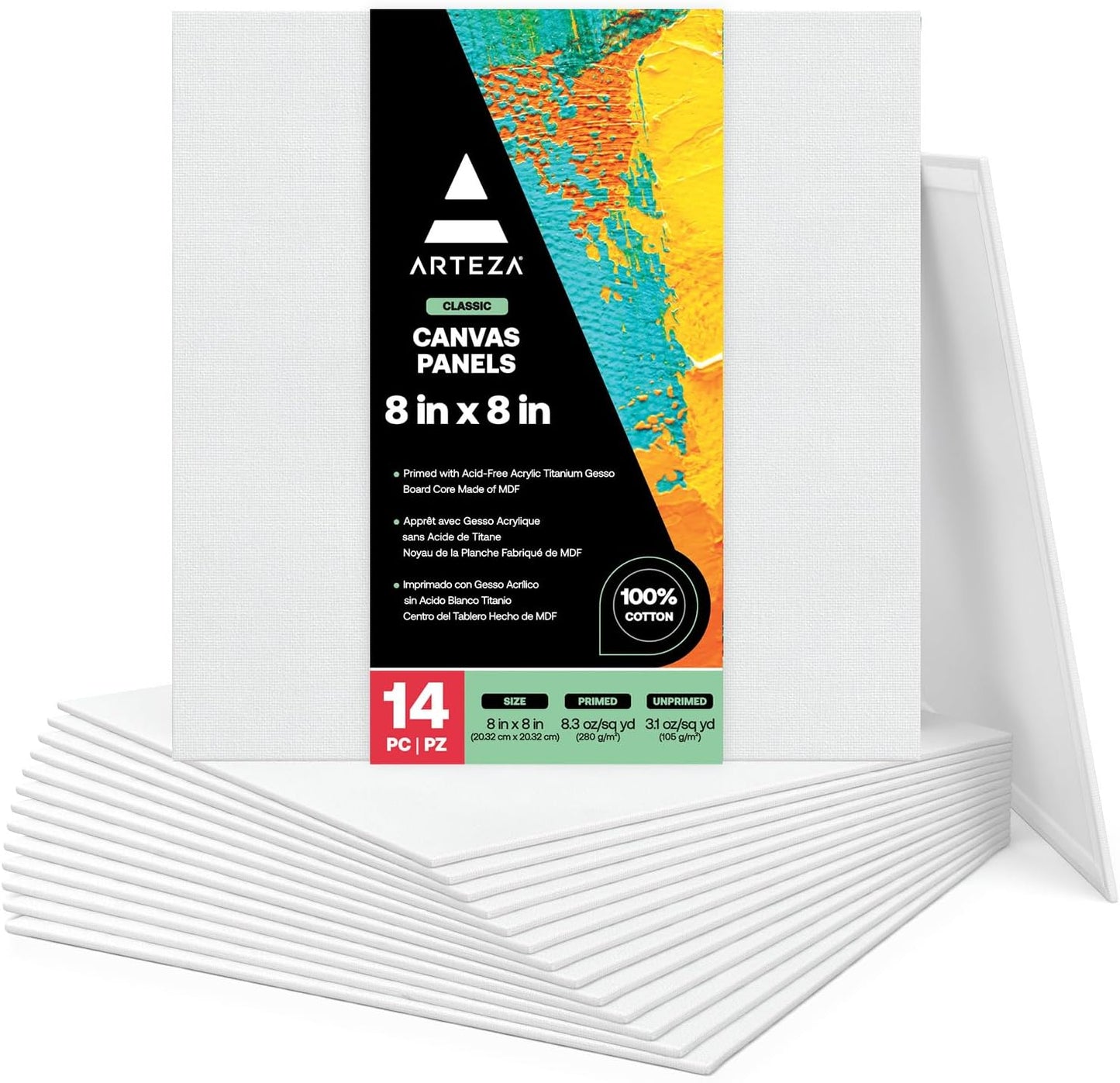 ARTEZA Canvas Boards for Painting, 8 x 8 Inches, Pack of 14, Blank White Canvas Panels for Acrylic, Oil and Gouache Painting