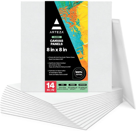 ARTEZA Canvas Boards for Painting, 8 x 8 Inches, Pack of 14, Blank White Canvas Panels for Acrylic, Oil and Gouache Painting