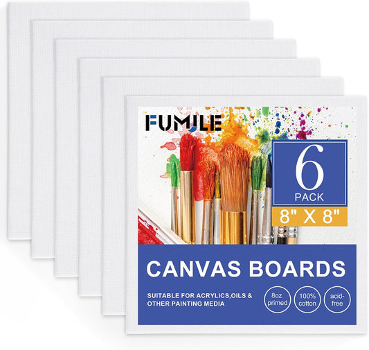 FUMILE Canvas Boards for Painting 8x8, 6 Pack Canvases for Painting Primed Acid Free Blank Canvas Panels for Painting Canvas for Classroom and Painting Parties.