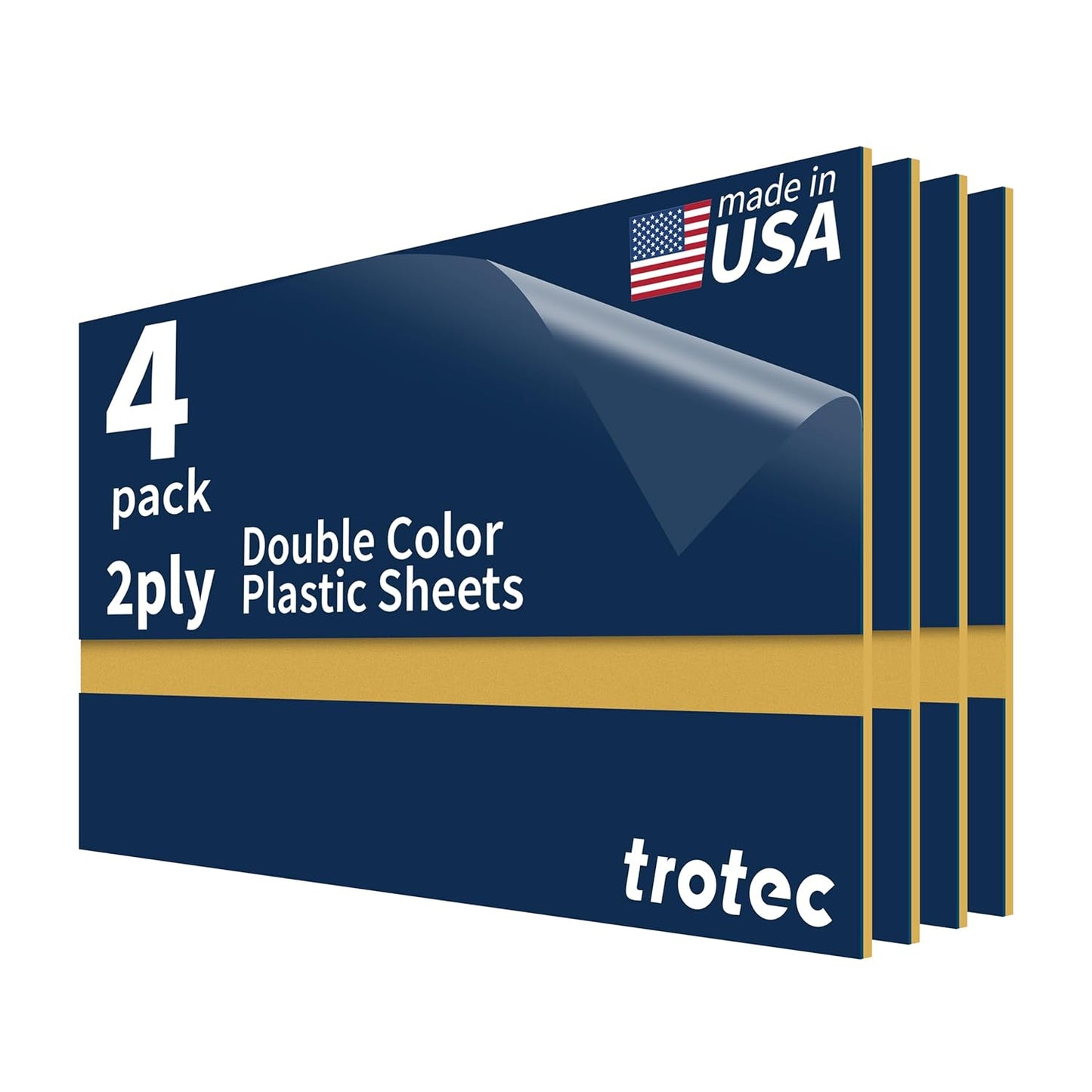 Trotec TroLase | 12"x24"x1/16", 4 Pcs | Navy Blue/Gold | 2 Ply | Modified Acrylic | Laser Engraving Double Color Plastic Sheet | Engraving Blanks for Laser, Saw, Guillotine | Made in USA