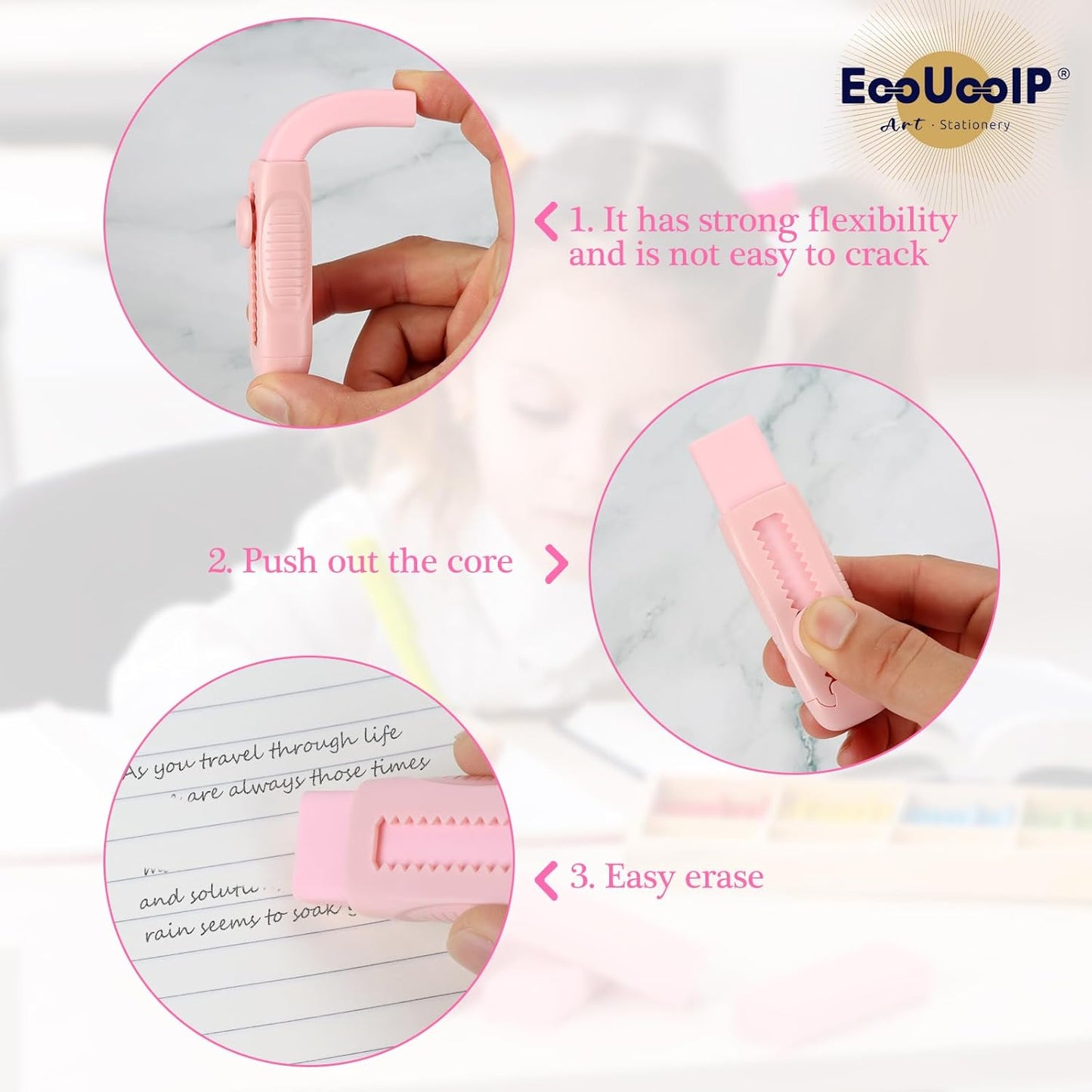 EooUooIP 4+1 Pack Rubber Pink Erasers Sliding Retractable Eraser, Large Pink Erasers, Soft Cute Eraser, Large Pencil Eraser for School Office Art Drawing Pencil Eraser for Kids