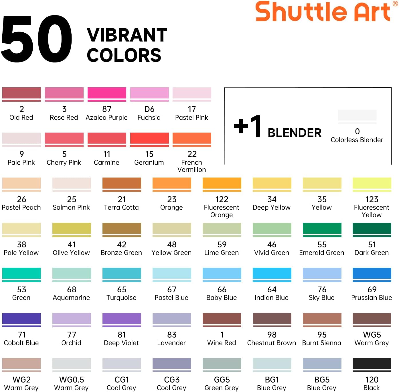 Shuttle Art 51 Colors Alcohol Markers, 50 Colors Dual Tip Art Marker Set Plus 1 Colorless Blender with Marker Case Perfect for Illustration Students Adult Coloring Sketching