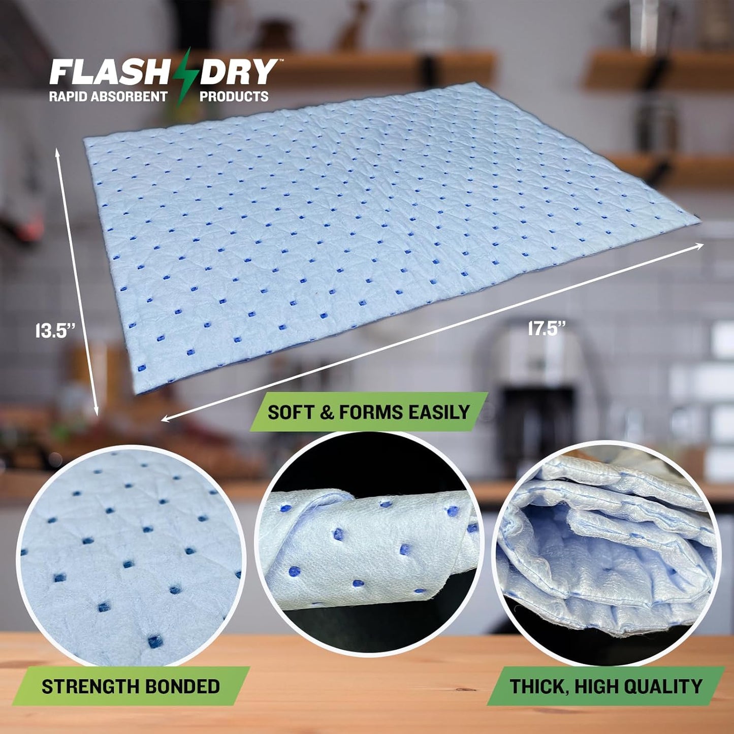 FlashDry Water Absorbent Pads 50 per Box, 17.5"x13.5" - Reusable and Hand Wringable Pads - Ideal for Water Leaks, Spills, Storm Damage Cleanup - Perfect for Basements, Garages, and Under-Sink Cabinets
