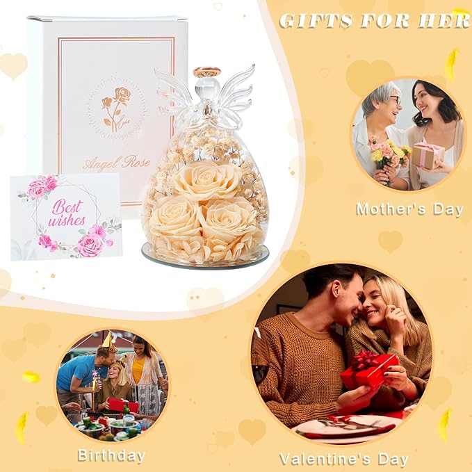 Beferr Valentines Day Rose Gifts for Her Women Mom Gifts for Birthday, Fresh Flowers for Delivery Forever Preserved Rose in Glass Angel Figurine, for Grandma Wife Daughter Girlfriend