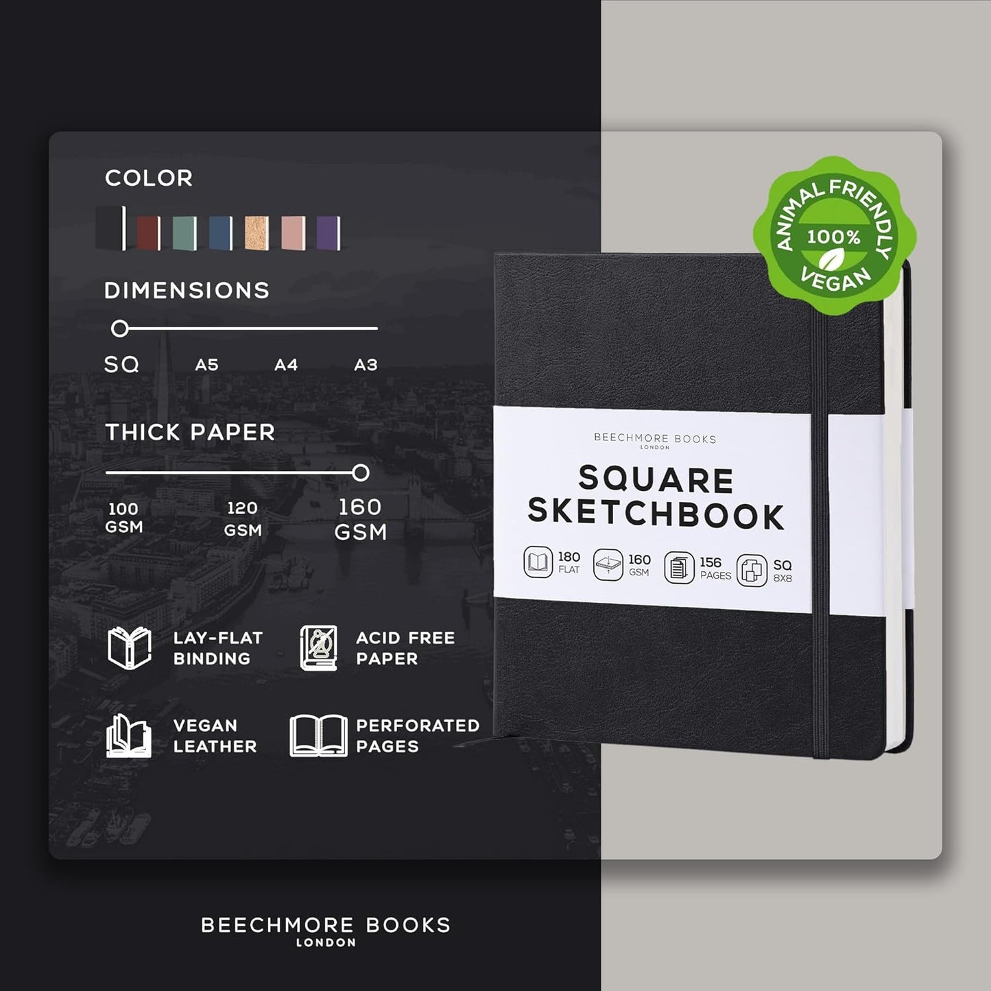 Beechmore Books Square Sketchbook – 8x8 Premium Vegan Leather Bound Large Sketch Book Hardcover with 156 Thick 160gsm Perforated Ivory Pages, Blank Sketch Pad, Gift Boxed Back Pocket, Ribbon Bookmark