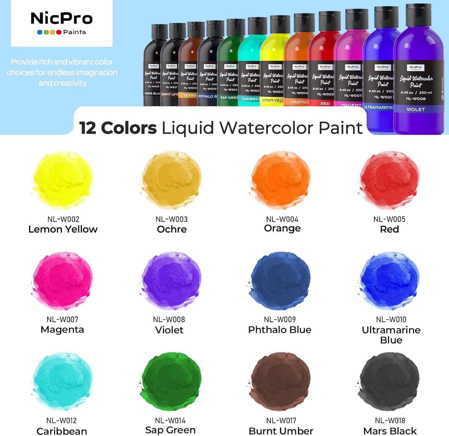 Nicpro 12 Colors Liquid Watercolor Paint Set, 8.45oz Large Bulk Liquid Watercolor Paint, Non-Toxic Water Colors Painting Supplies for Art Activity, Craft DIY, Poster, School, Home, Classroom, Party