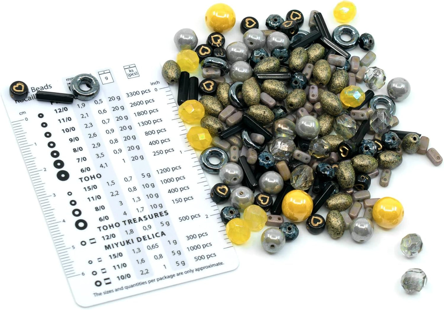 2.1oz (60 g) Mix of Unique Czech Bohemia Glass Pressed Beads, Matte and Glossy, Hand Made, Luster Gray Yellow