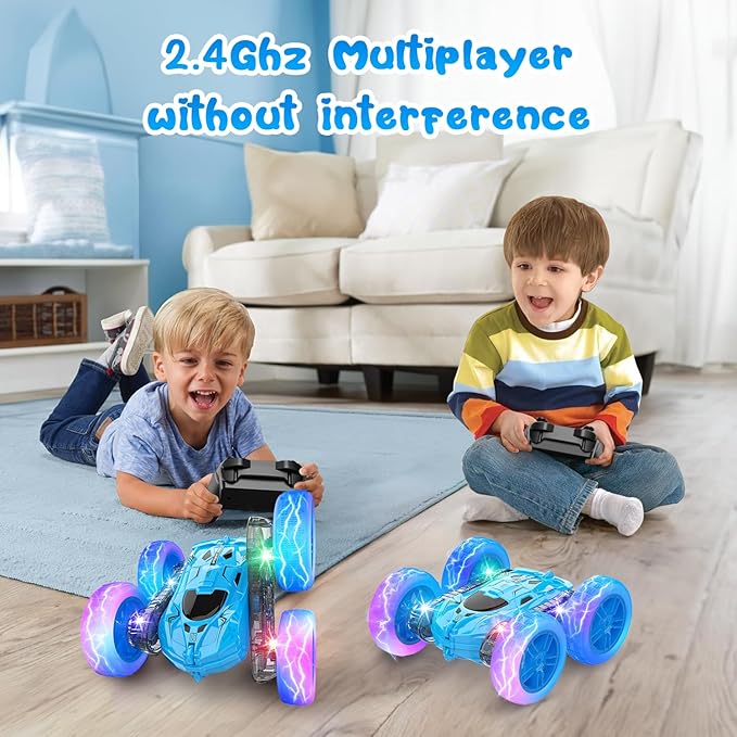 Remote Control Car for Boys Blue Double-Sided 360°Flip RC Cars, Colorful Lights, Multi-Terrain Driving and Rechargeable Battery RC Car,Toys for Ages 2-4,Suitable for Girls Boys Ages 4-12 Toys Gifts