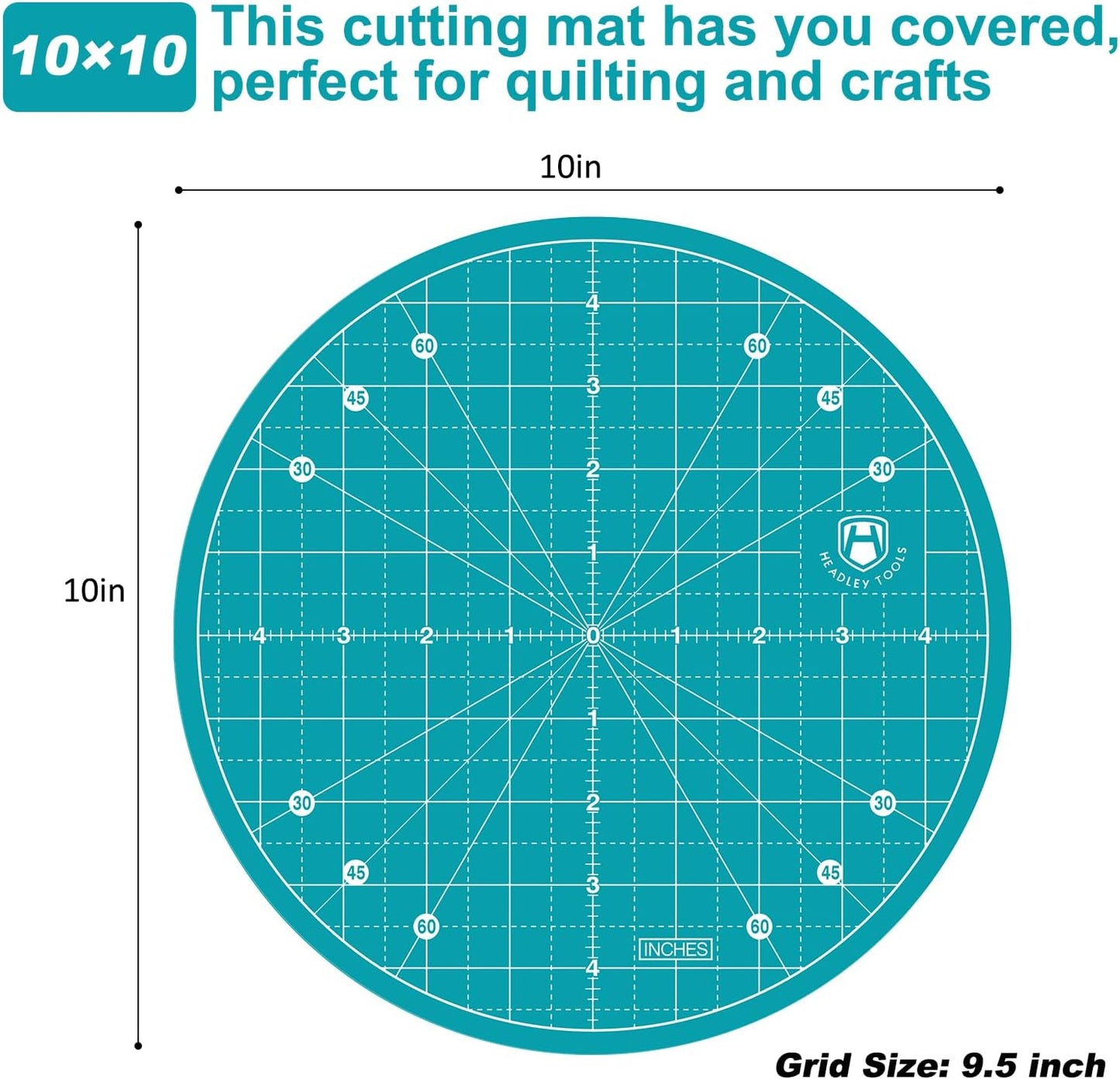 Headley Tools 10"x10" Round Rotating Cutting Mat, Self Healing Mat with 360-Degree Rotation & Anti-Slip Base, Sewing Board Cutting Mat Perfect for Fabric Quilting Leather Hobby Project, Turquoise