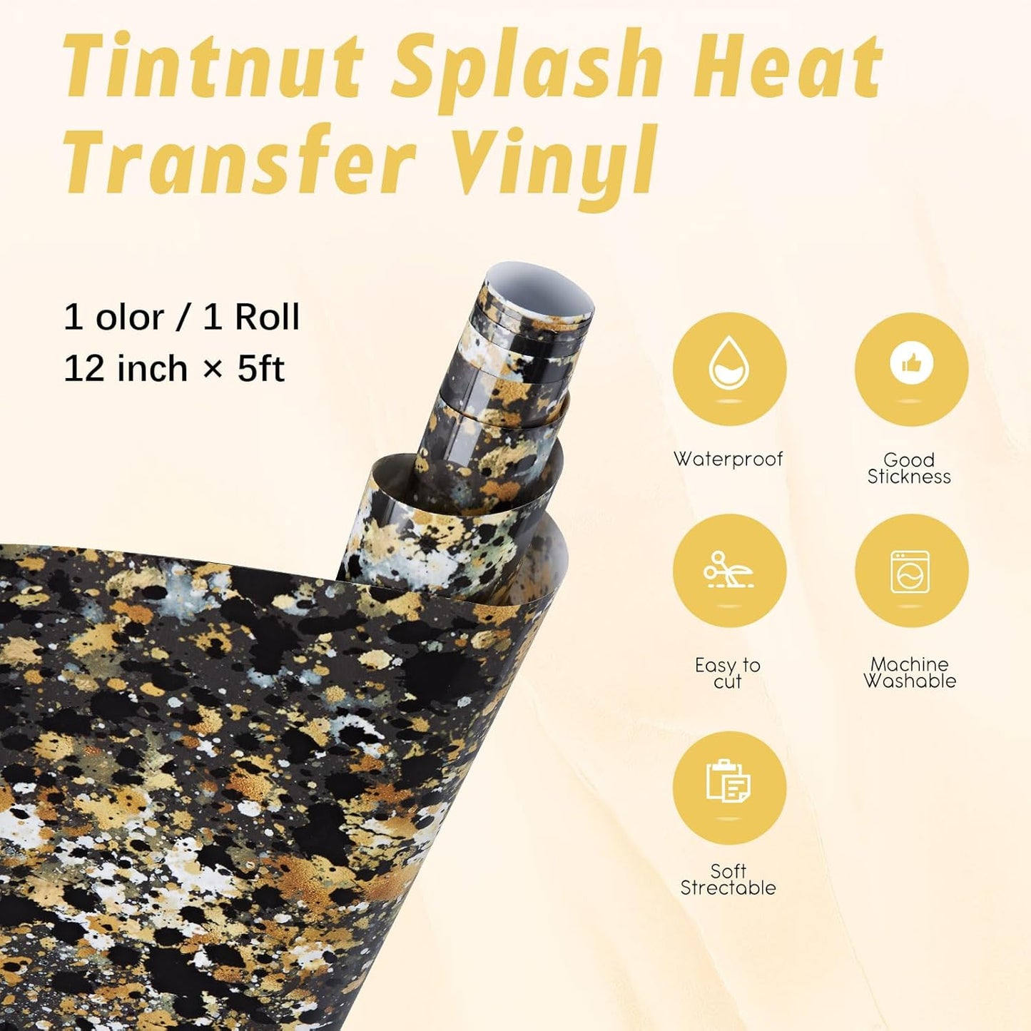 Tintnut Splash Heat Transfer Vinyl Roll - 12 Inch x 5ft Black Gold Watercolor Ink Patterned HTV Splatter Iron On Vinyl DIY T-Shirts Hats Clothes Canvas Bags