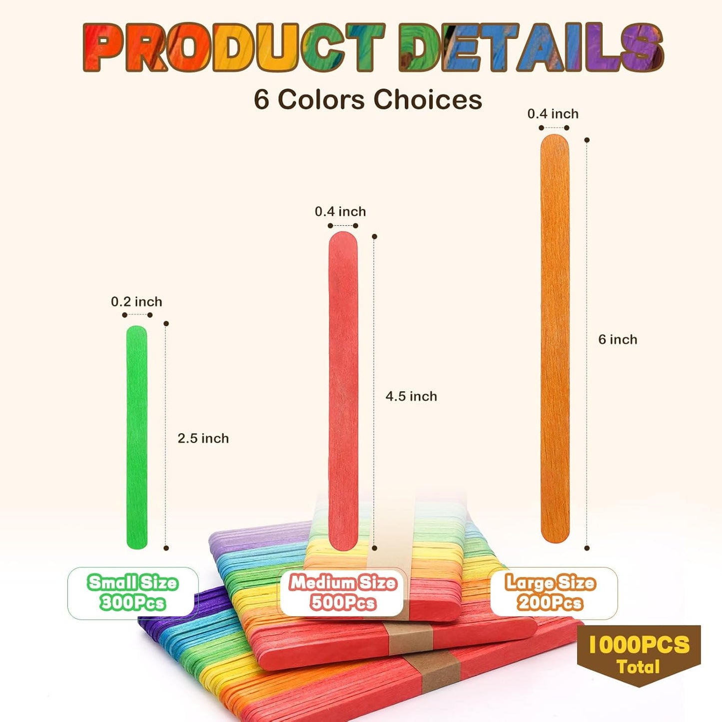 1000PCS Colored Sticks for Craft, 3 Sizes(2.5",4.5",6") Colorful Rainbow Wooden Popsicle Sticks Bulk for Home Decoration Project Kid Classroom Art DIY Craft Supplies School Activities