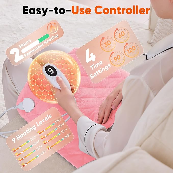 Pink Weighted Heating Pad for Neck Shoulders and Back, Valentines Day Gifts for Her Women Girlfriends, Birthday Gifts for Teen Girls Women, Electric Heated Blanket with 9 Heat Options 4 Auto-Off Timer