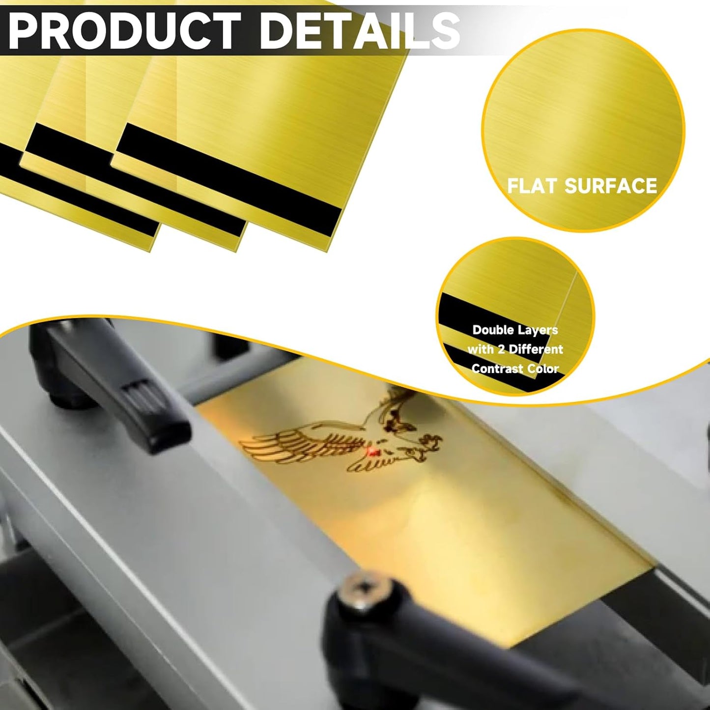 5PCS Laser Engraving Double Color ABS Plastic Sheet,Two-Tone Laserable Engraving Plastic Sheets for Name Badge,Office Label,Laser Artistic Product,Size 11.73" x 11.73",Brushed Golden/Black