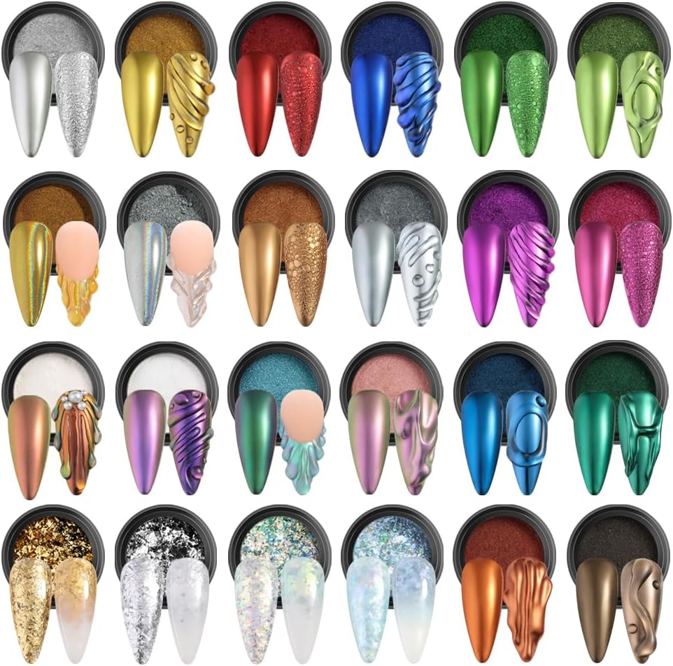 24 Jars Chrome Nail Powder Metallic Mirror Effect Pigment Iridescent Aurora Mermaid Pearl Glitter Dust, Gold Silver Nail Foil Fluorescent Flakes Kit for Resin Craft & Nail Art Decoration