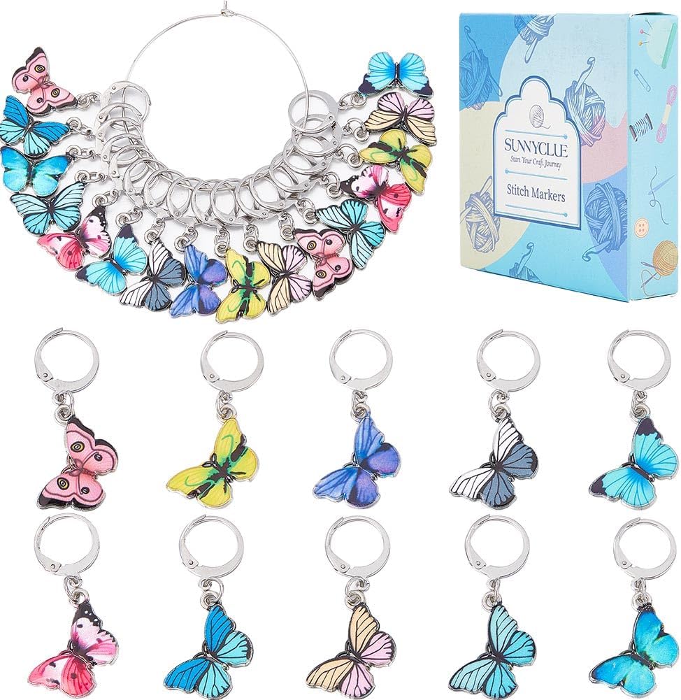 SUNNYCLUE 1 Box 20Pcs Stitch Markers Cute Butterfly Lobster Clasp Charms Crochet Stitch Marker Removable Knitting Stitch Markers Metal Crocheting Markers for Sewing Weaving Knit Threading DIY Craft