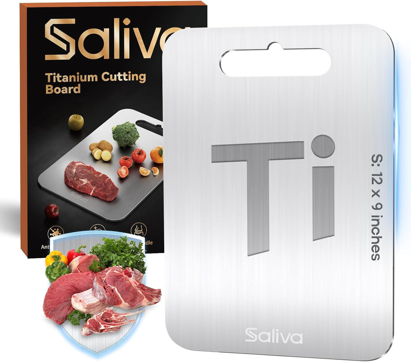 Saliva Titanium Cutting Boards for Kitchen, Cutting Board Double Sided Food Grade, Dishwasher Safe, No Blunt Knife, Chopping Boards with Handle for Meat, Fruit & Vegetable (12x9in)
