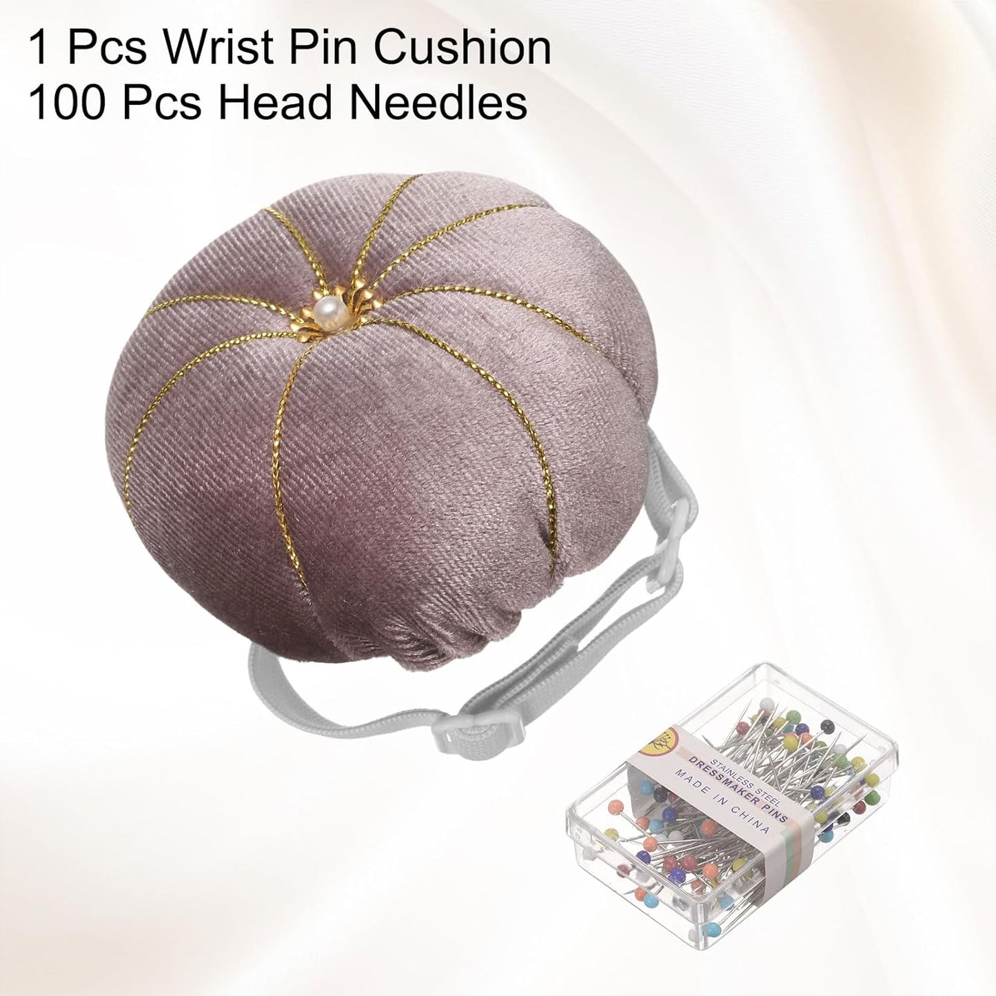 HARFINGTON Wrist Pin Cushion Wristband Sewing Pincushion Polyester Pin Holder Wearable Pumpkin Shaped Needles Wristband with 100 Head Needles for Sewing Quilting DIY Crafts, Gray