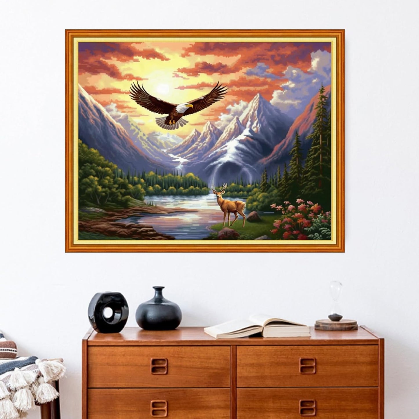 Stamped Cross Stitch Kits - Beach Night Landscape Counted Cross Stitch Kits for Beginners Adults Needlepoint Cross-Stitch Patterns-Eagle and Deer 16x20 inchs