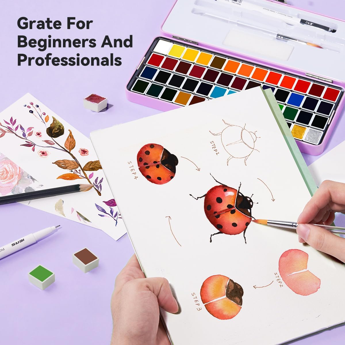 MeiLiang Watercolor Paint Set 52 Colors in Half Pans with Drawing Pencil, Paint Brushes, 5 Watercolor Paper, Sponge, Black Drawing Pens, Art Supplies for Adults Travel Watercolor & Purple Box