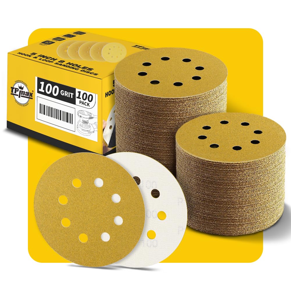 100PCS 5 Inch 100 Grit 125mm 8 Hole Sanding Discs Sandpaper - Premium Gold Round Hook and Loop for Random Orbital Sander - Ideal for Wood, Metal, Automotive
