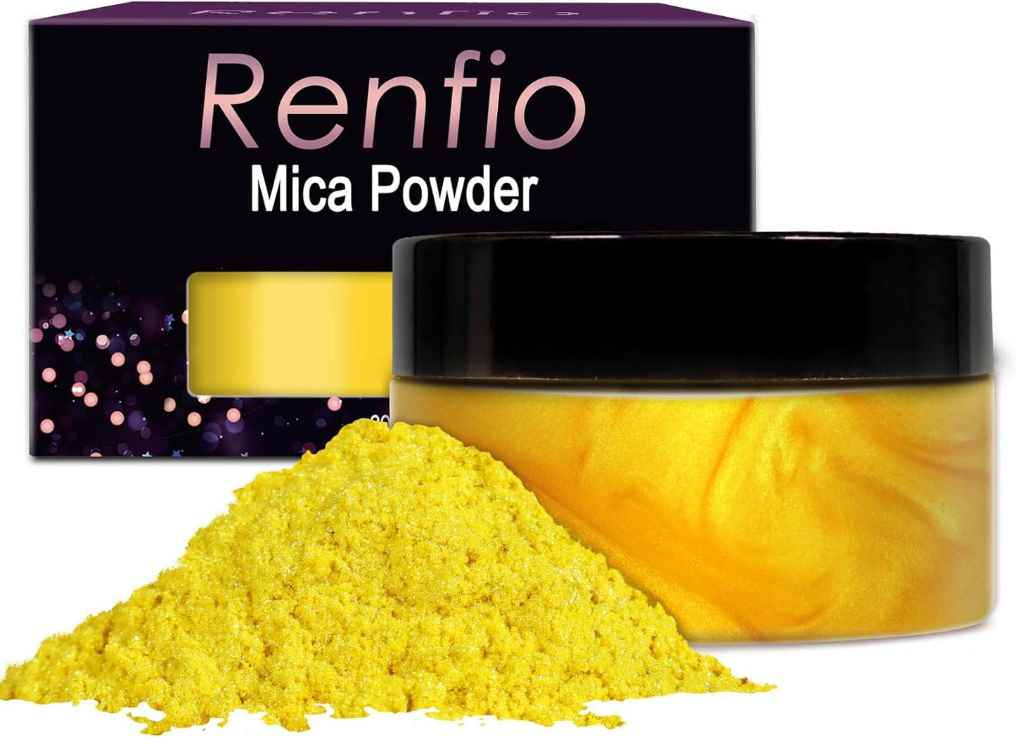 Renfio 100g Mica Powder Pigment, Metallic Natural Dye Mineral Pearl Shimmer Epoxy Resin Dye for Painting Soap Making Slime Bath Bombs 3.5 Oz - Yellow