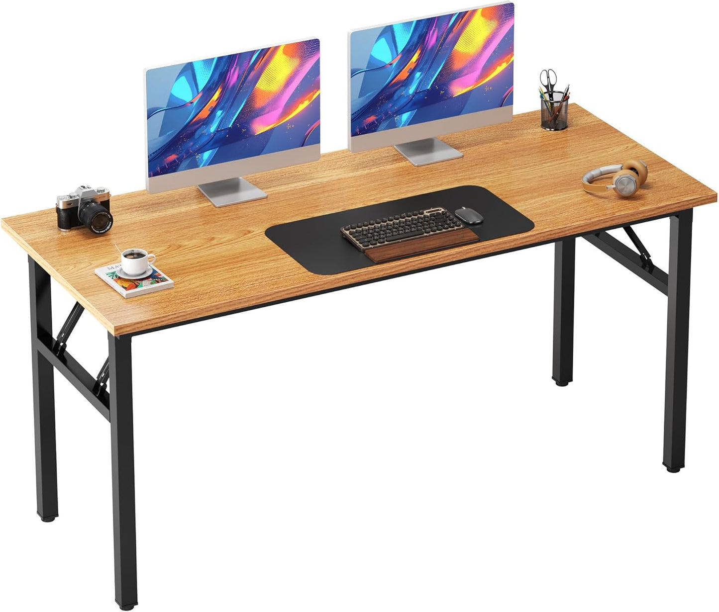 Need Folding Desk, 54 inch Large Computer Desk for Home Office, No Install Needed Study Student Writing Table Desk Workstation, Teak Black