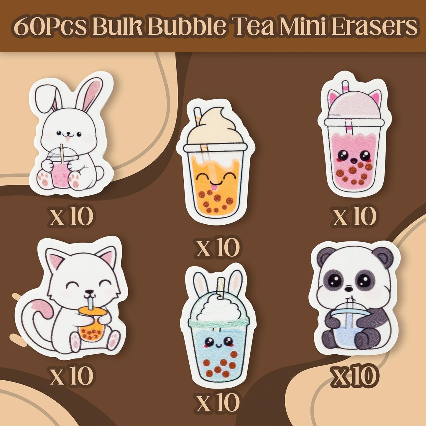 Fall Bubble Tea Mini Eraser for Kids Bulk 60P Cute Kawaii Panda Rabbit Cat Boba Cup Pencils Erasers 3D Desk Puzzle Supplies for Student Back to School Classroom Prizes Thanksgiving Party Favors