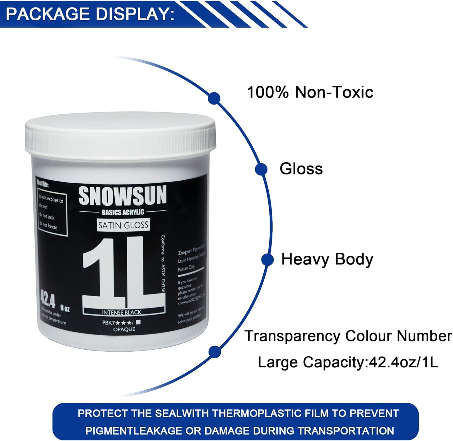 SNOWSUN Large Bulk Acrylic Paint, Basic Charcoal Black Acrylic Paint 1L /42.4 oz, and 25ml*2 Pouch Titanium White, Gloss Non-Toxic Heavy Body Paints - Thick Art Paints for Multi-Surface Canvas Wood Ceramic Fabric Wall- Ideal for Artists & Beginners