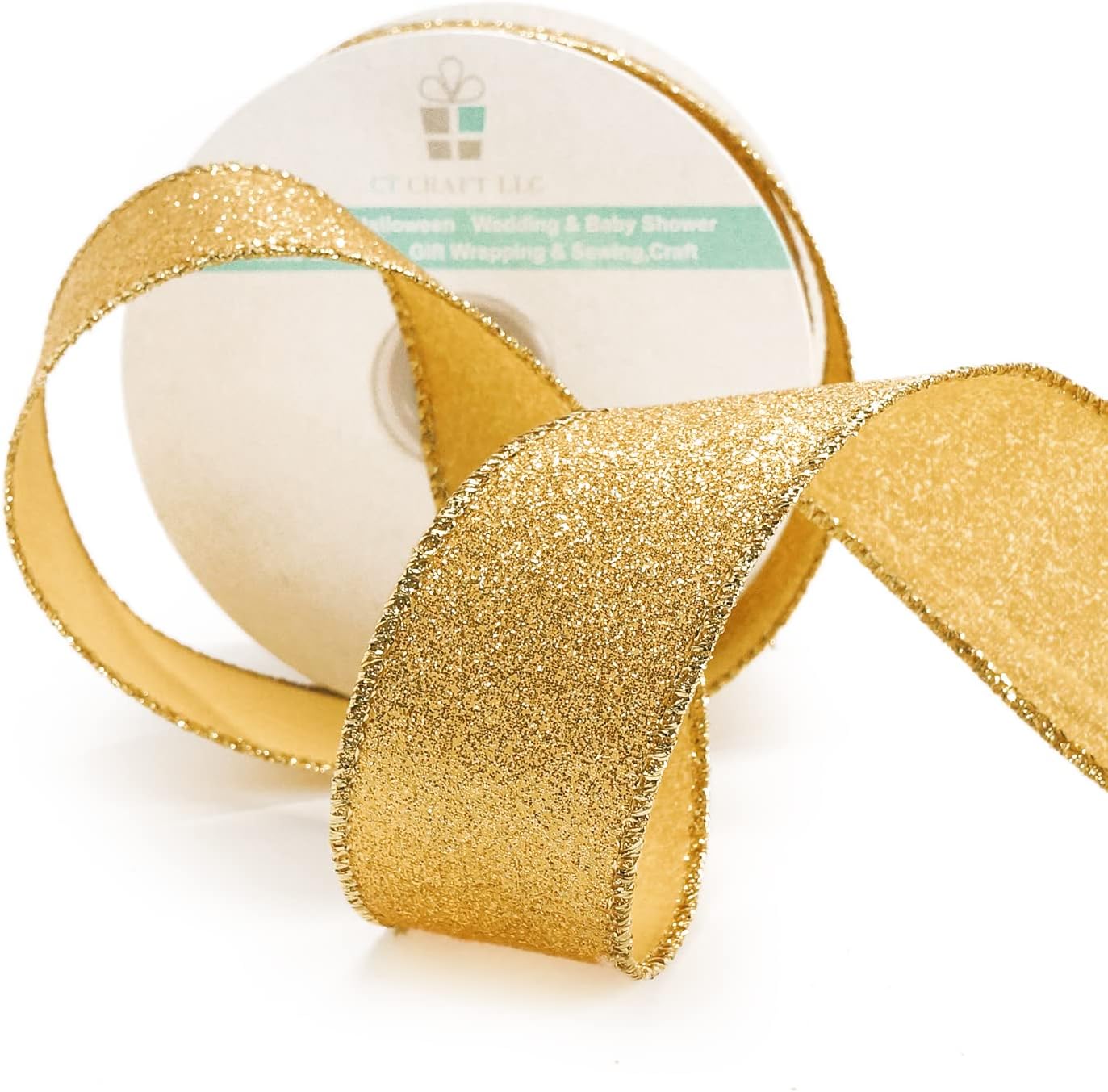 CT CRAFT LLC Glitter Wired Ribbon 1.5" x 10 Yards Yellow Gold for Christmas Home Decor Bow Gift Wrapping DIY Crafts Wreath