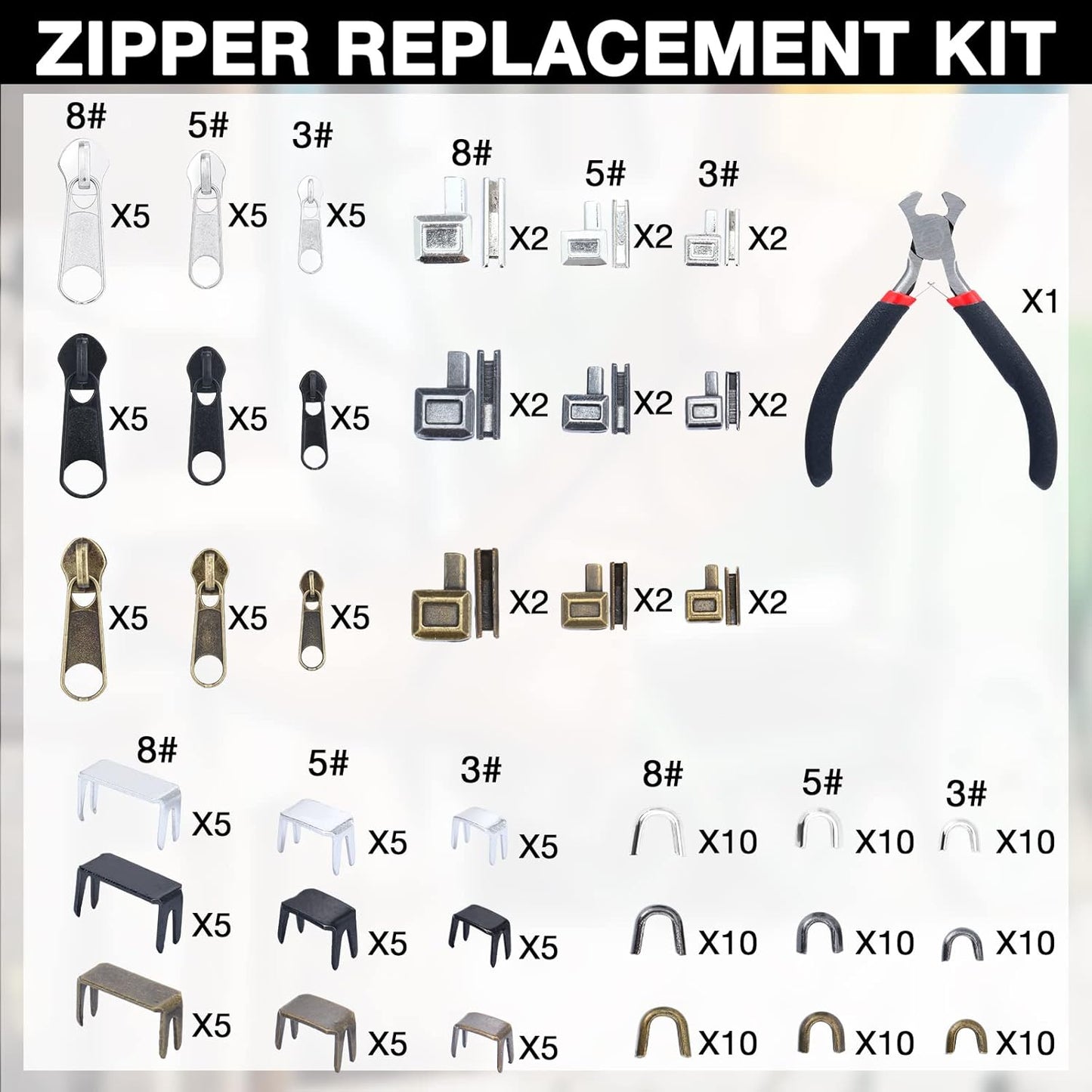 217 Pieces Zipper Repair Kit Replacement, Zipper Pulls, Head Slider, Installation Tools, Stopper Slider Repair Tool Kit for Metal Plastic Nylon Coil Jacket Zippers (Size 8/5/3)
