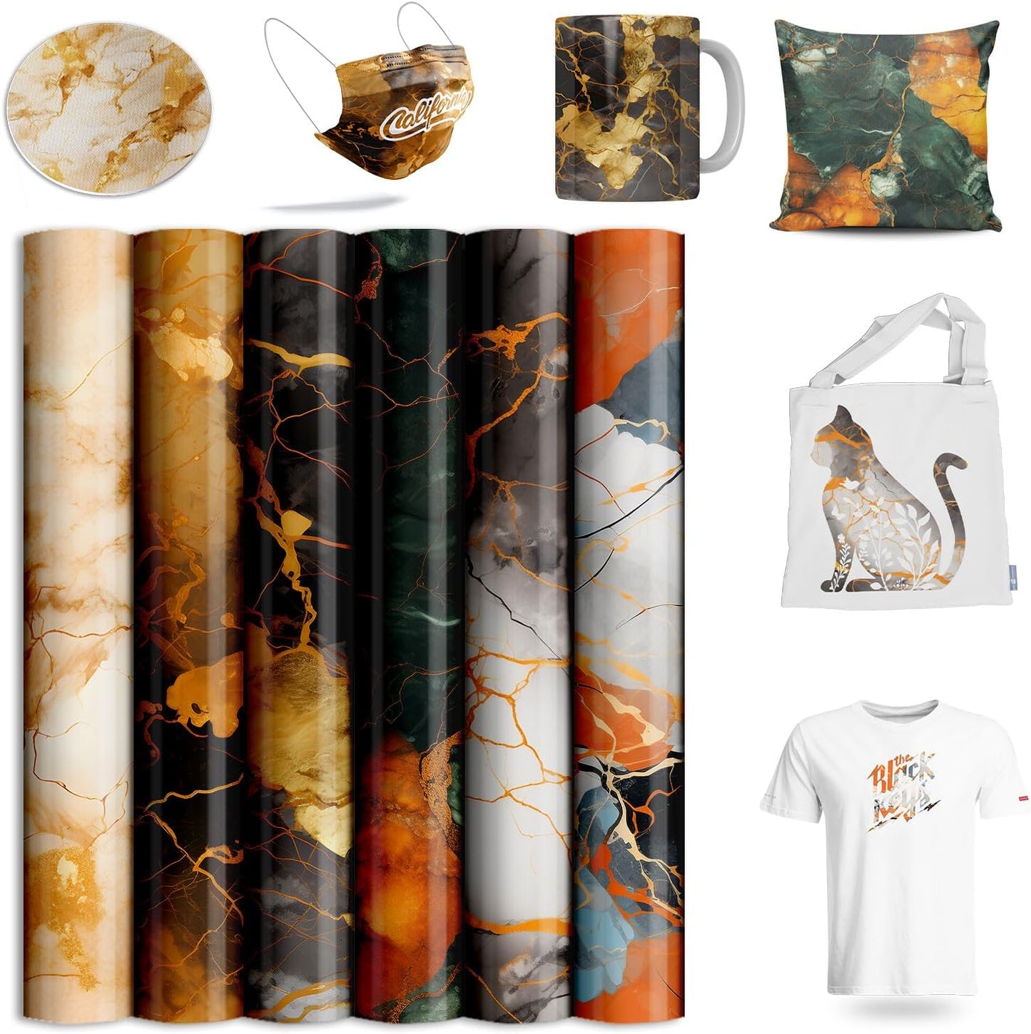 Sublimation Transfer Sheets for Heat Press Machine,Orange Gold Marble Sublimation Sheets for Tumblers Blanks Tshirts,6 Sheets 12x12inch