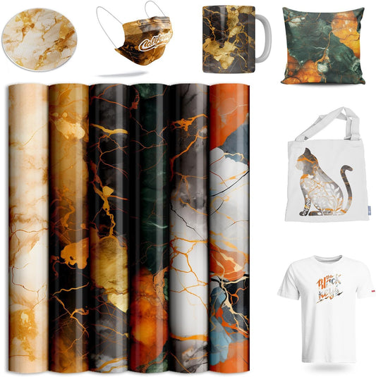 Sublimation Transfer Sheets for Heat Press Machine,Orange Gold Marble Sublimation Sheets for Tumblers Blanks Tshirts,6 Sheets 12x12inch