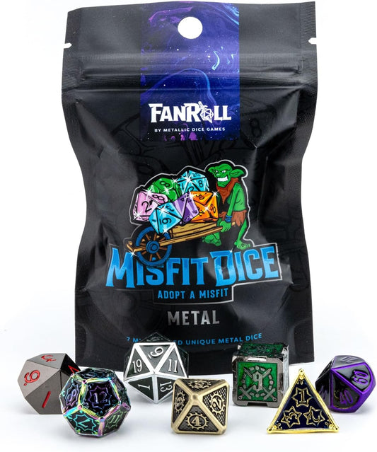 FanRoll Mystery Misfit Metals: Bag of 7 Assorted Polyhedral 16mm Metal Dice