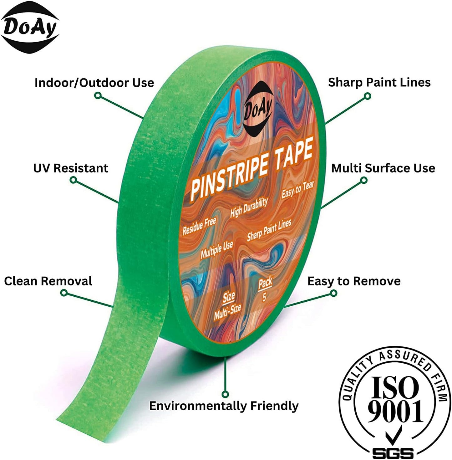 5 Rolls Pinstripe Tape - Masking Tape 1/16", 1/8", 1/4", 1/2", 3/4" - Thin Painters Masking Automotive Tape for DIY, Car, Auto, Paint, Art, Tumblers (Green)