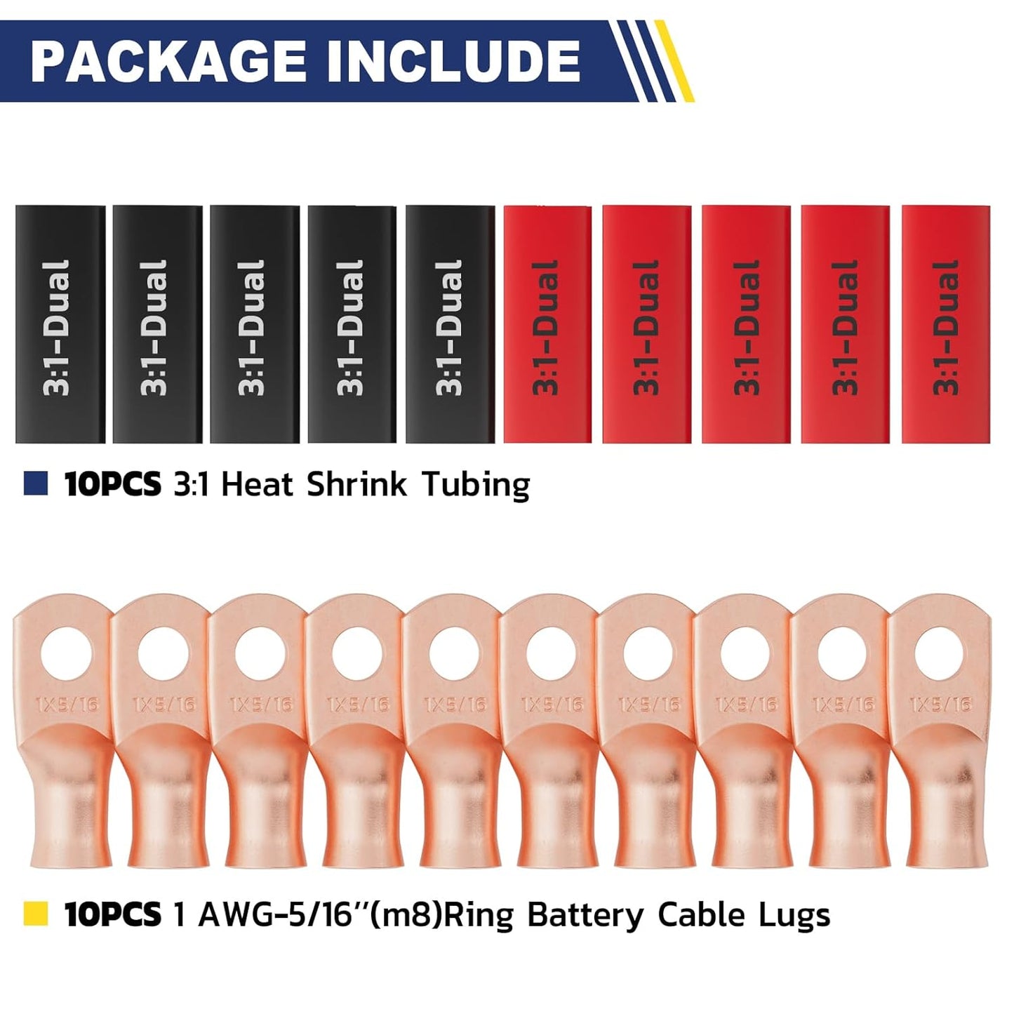 haisstronica 10pcs 1 AWG - 5/16" (M8) Battery Cable Lugs, Heavy Duty Copper Wire Lugs with 10pcs 3:1 Adhesive Heat Shrink Tubing, 1 Gauge Wire Connectors Battery Terminal Connector, Battery Cable Ends