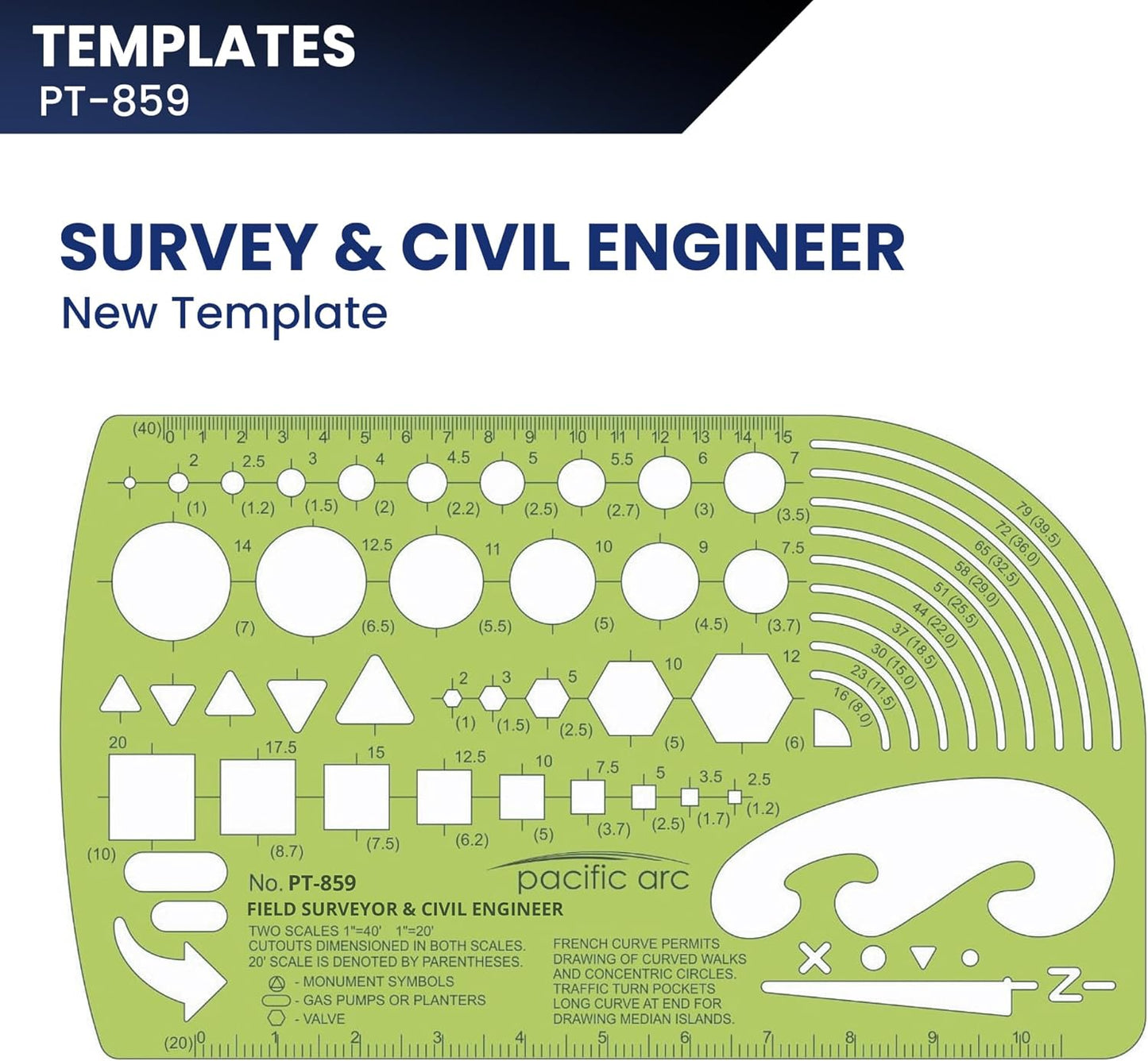 Pacific Arc - Survey & Civil Engineer Template - Drawing Aid Stencil for Professional or School Work - Size 3.87 x 6.5 inch