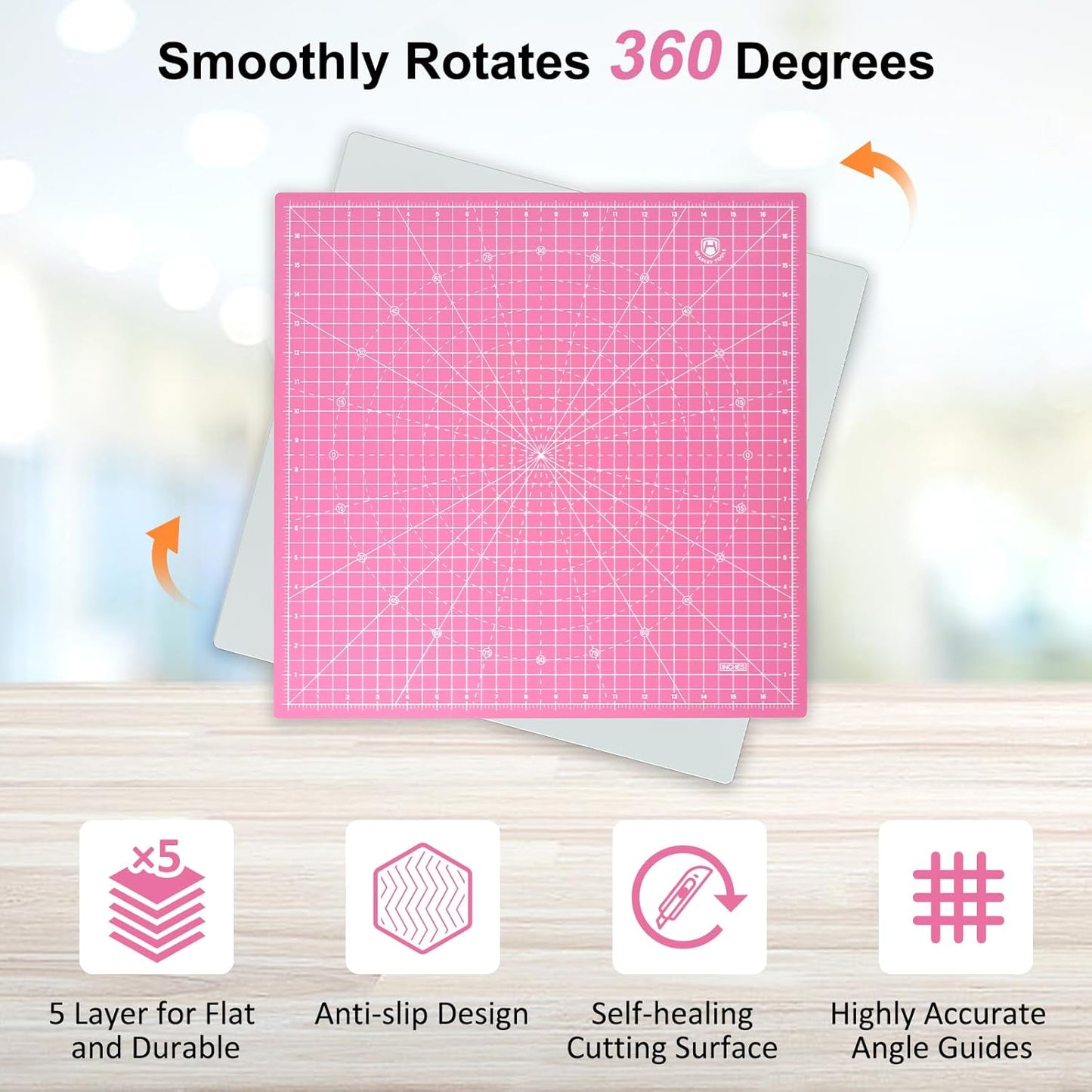 Headley Tools 17"x17" Rotating Cutting Mat, Self Healing Mat with 360-Degree Rotation & Anti-Slip Base, Sewing Board Cutting Mat Perfect for Fabric Quilting Leather Hobby Project, Pink