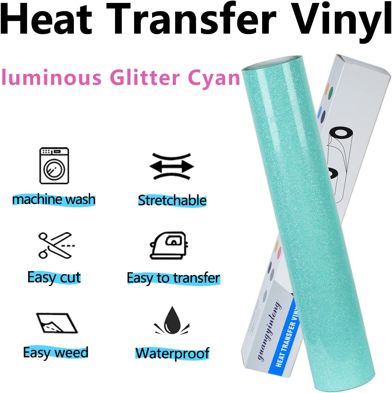 guangyintong Glow Glitter Cyan Heat Transfer Vinyl HTV Rolls, 12" x 8ft Iron on Vinyl for T-Shirts, Glitter HTV Vinyl for All Cutter Machines Easy to Cut & Weed for DIY Design