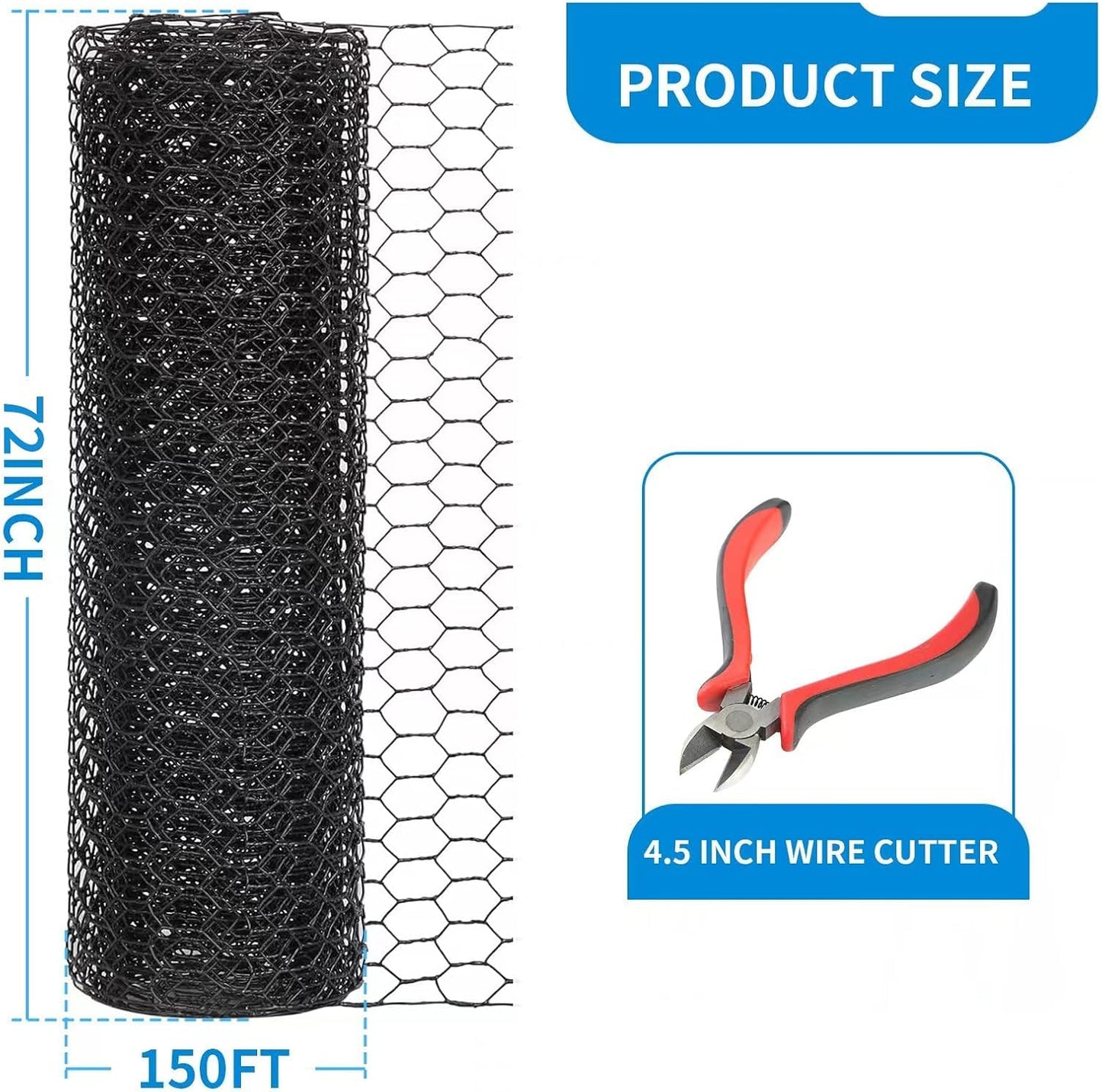 72'' x 150' Black Chicken Wire Fencing, 1 inch Chicken Wire and 20 Gauge Poultry Netting, Garden Mesh Fence Roll for Floral Arrangements/Crafts/Farm/Livestock/Pet Protection