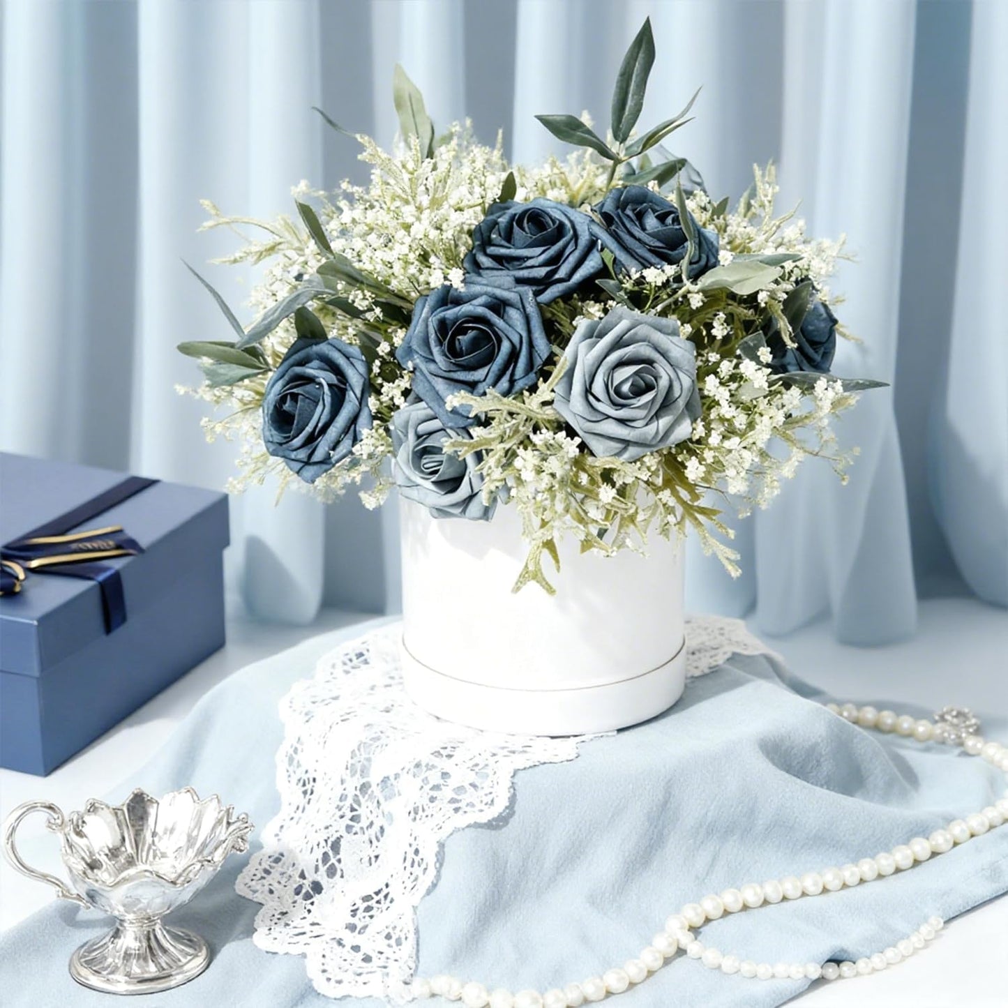Artificial Flowers Foam Fake Roses 25pcs Series Blue Colors Roses with Stems for Home Decor DIY Wedding Bouquets Party Bridal Shower Centerpieces Faux Flower Arrangements Tables Decorations