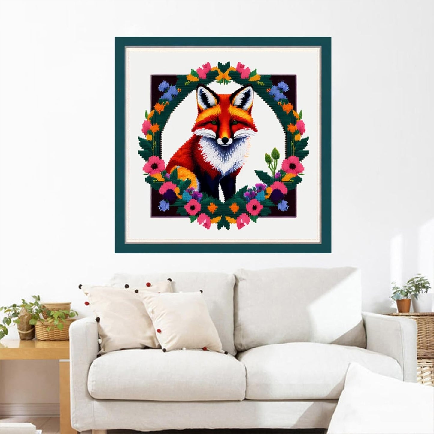 Joyhoor Cross Stitch Kits for Beginners Stamped Cross-Stitch Supplies Needlework preprint Embroidery Kits for Adults DIY Needlepoint Kits Embroidery Patterns 11CT-Wreath Fox 17.7x17.7 inch