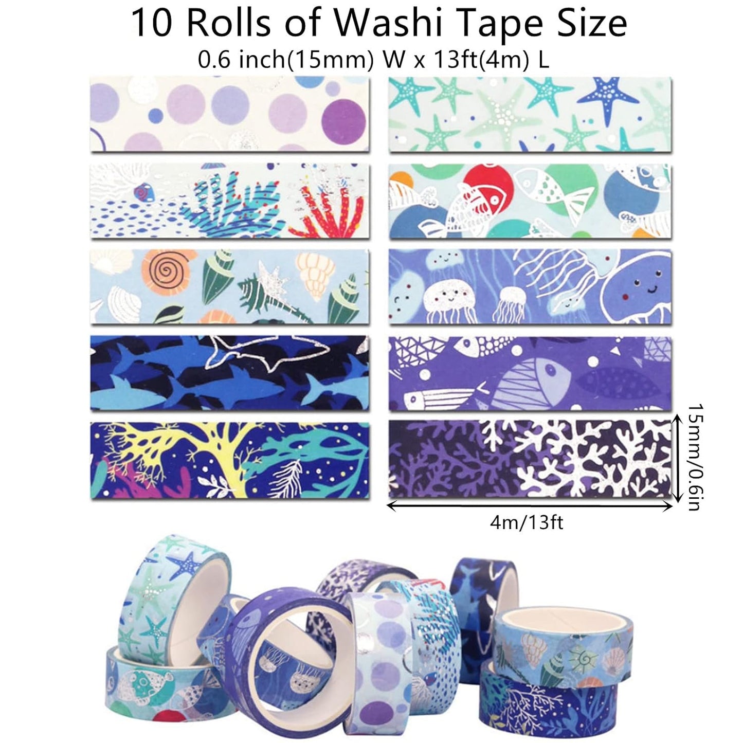 Blue Ocean Washi Tape Set 10 Rolls Bronzing Sea Decorative Masking Tapes for Scrapbooking, Bullet Journal, Planner, DIY Crafts, Gift Wrapping