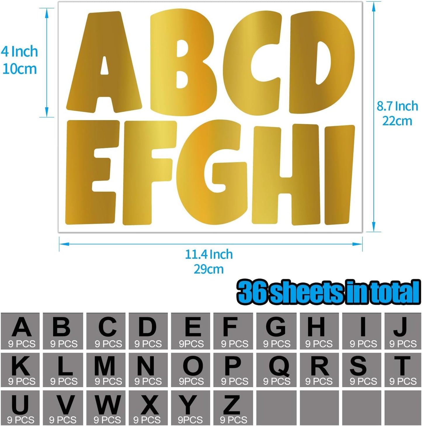 Bemeol Letter Stickers 351 Pieces 4 Inch Bulletin Board Letters Alphabet Cutout Letter for Bulletin Board Display Home Classroom School Decor(Gold)