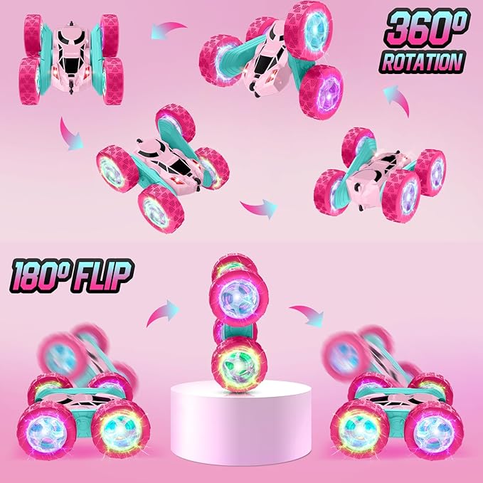 Pink Remote Control Car for Girls, Double Sided with Shining Headlights & Wheel Lights, Girl Princess Toys, Rechargeable Toy Car for 6-7 6-8 9 10-12 Year Old Girls Birthday