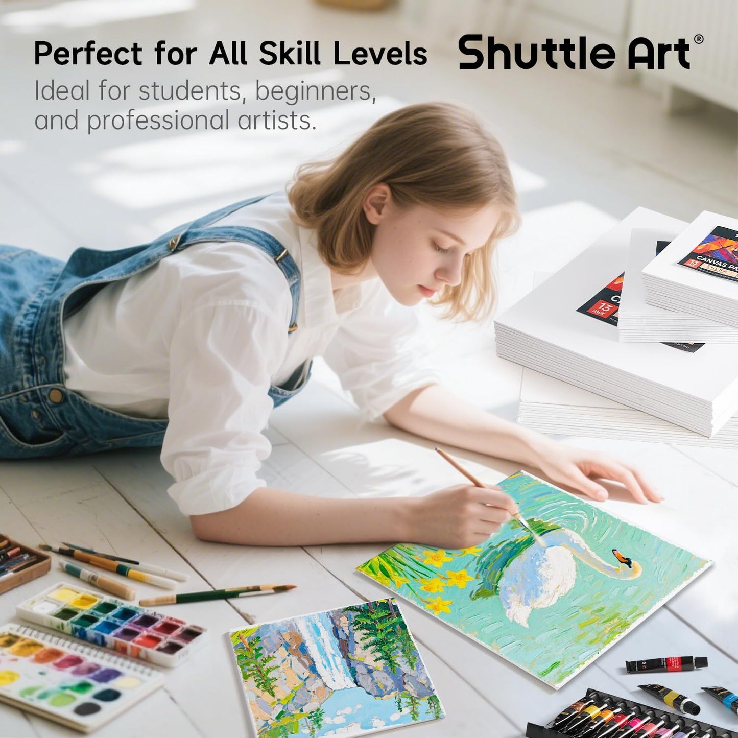 Shuttle Art Painting Canvas Panel, 52 Multi Pack, 5x5, 6x6, 8x8, 10x10 inch (13 PCS of Each), 100% Cotton Art Canvas Board Primed White, Blank Canvas for Kids Adults for Acrylic Oil Painting